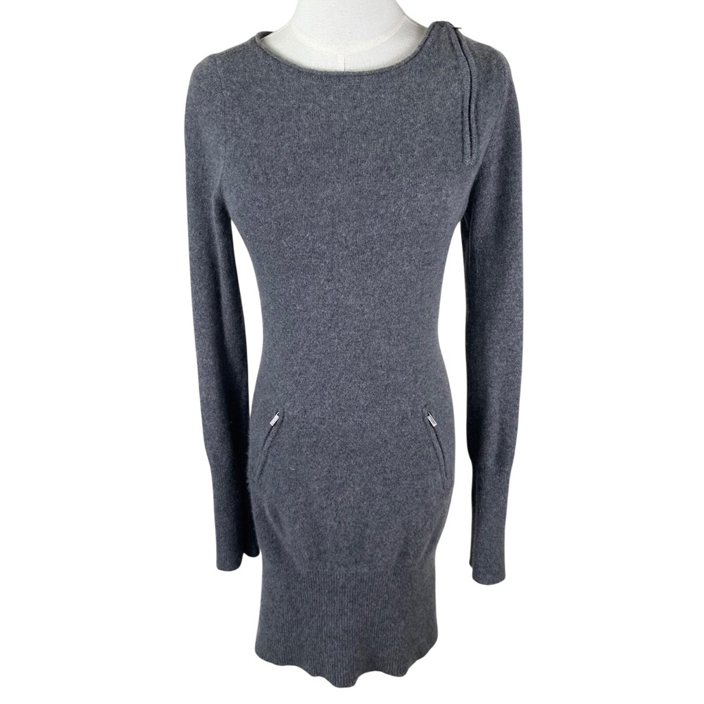 BCBGMAXAZRIA Sweater Dress Womens S Gray Cashmere Shoulder Zip Pocket Above Knee